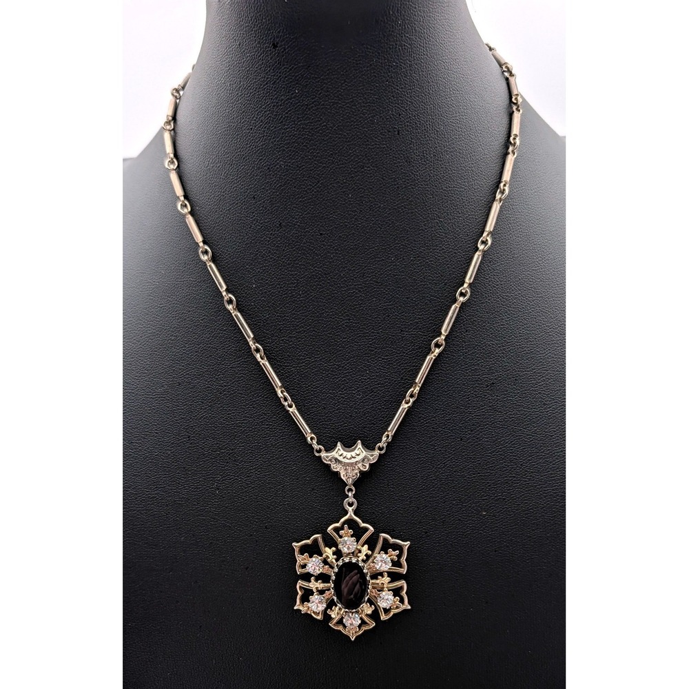 Vintage Gold Tone Black Cabochon Rhinestone Snowflake Filigree Pendant Necklace